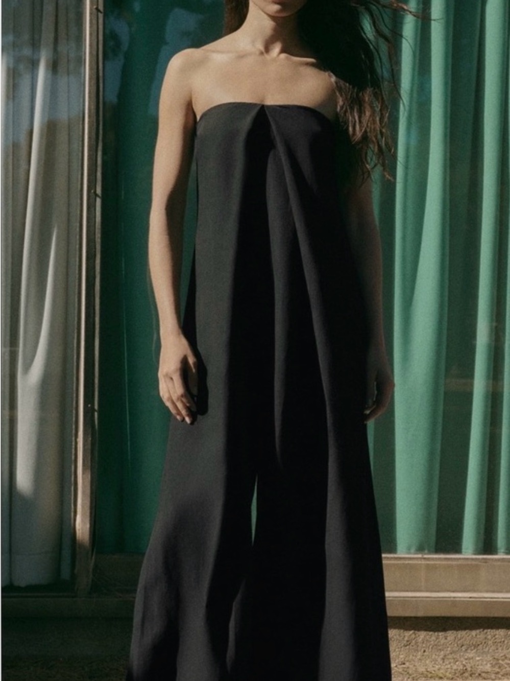 Zara Black Strapless Linen Wide-Leg Jumpsuit
